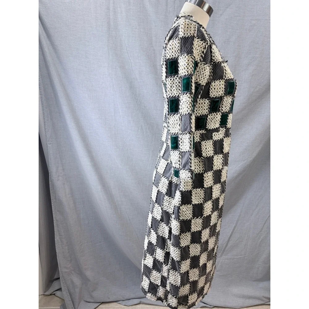 Sara Navon‎ Womens Grey Cream Checkered Velvet Accent Sheath Midi Dress Small